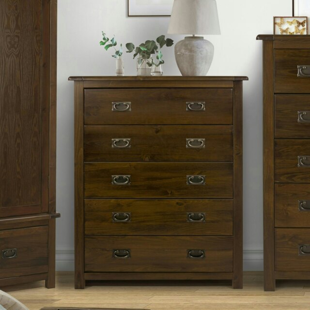 Boston 5 Drawer Chest - Rich Dark Brown Lacquer Solid Wood Bedroom Storage with Brass Handles Brown Brown 1