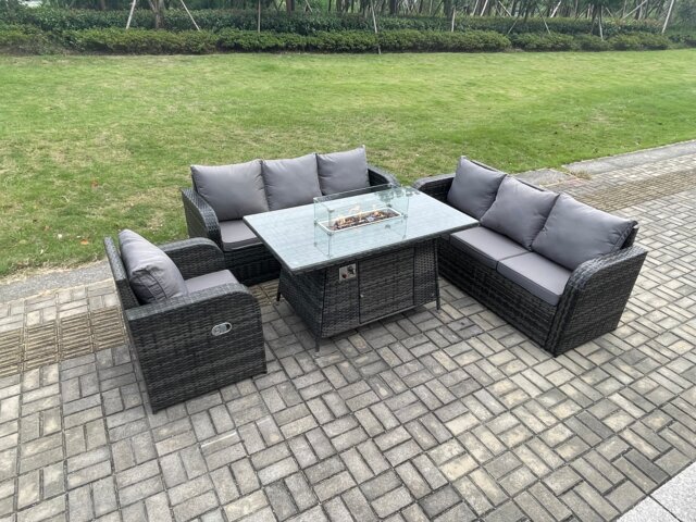 Fimous Rattan Outdoor Furniture Gas Fire Pit Rectangle Dining Table Gas Heater Reclining Chair 3 Seater Sofa Sets 7 Seater
