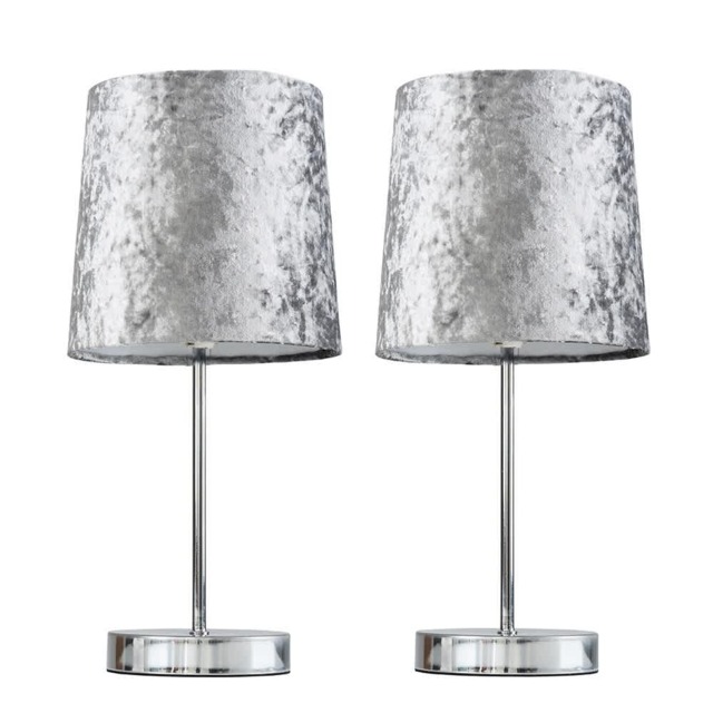 ValueLights Pair Chrome Table Lamps Grey Velvet Shade and Bulbs