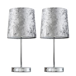 ValueLights Pair Chrome Table Lamps Grey Velvet Shade and Bulbs