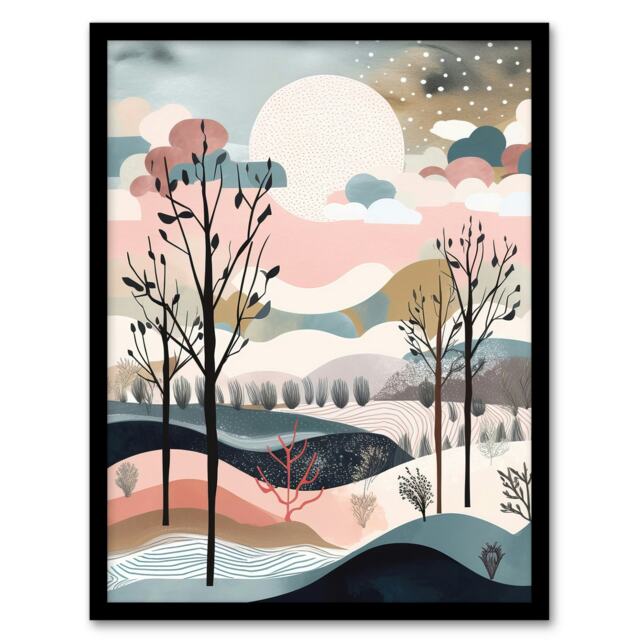 Winter Countryside Landscape Boho Pink Black Framed Wall Art Print A4