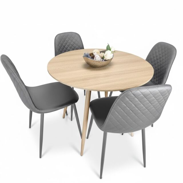 Dining Table And 4 Chairs Round Wood Effect Table With 4 Grey Chairs Dining Room Furniture Set