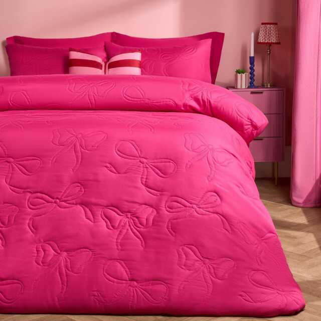 OHS Bows Pinsonic Bedding Set Microfibre Duvet Cover with Pillowcase Pink Hot Pink Single