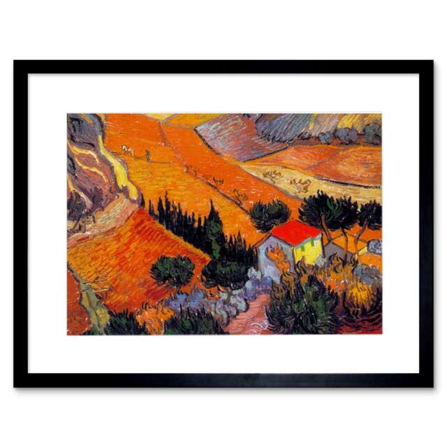 "Van Gogh Landscape House Ploughman 1889 9x7"" Black Framed Wall Art Print"