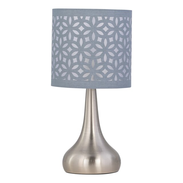 Romana - Brushed Chrome Touch Table Lamp with Grey Laser Cut Shade Chrome Satin nickel plate and grey cut out cotton 1
