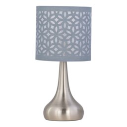Romana - Brushed Chrome Touch Table Lamp with Grey Laser Cut Shade Chrome Satin nickel plate and grey cut out cotton 1