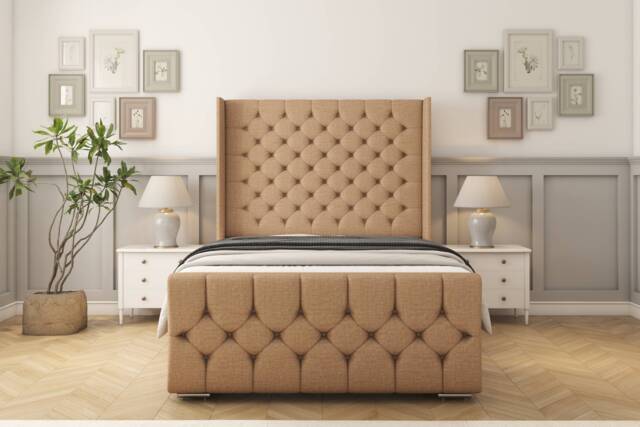 "Sloomy Luthor Latte Dumfries Bed Frame With Mattress With 50"" Upholstered Wingback Headboard 2'6 Small Single"