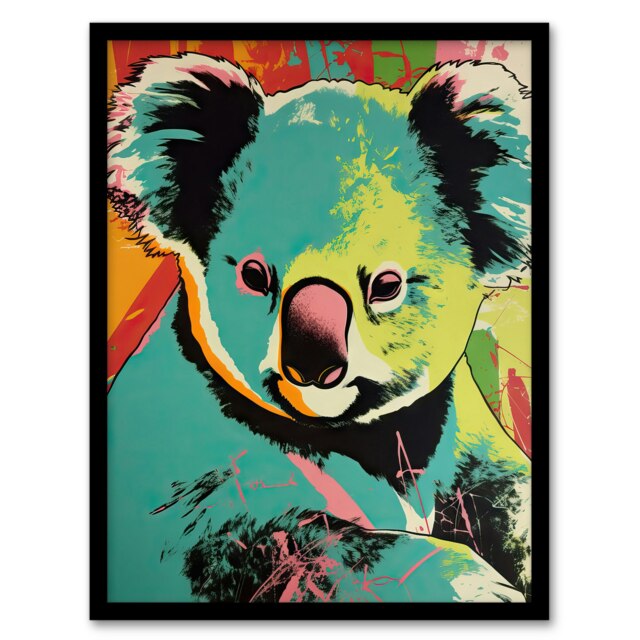 Abstract Teal Orange Koala Bear Portrait Vibrant Black Framed Wall Art Print A4