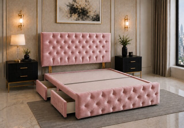 Brooklyn Divan Bed with Upholstered Headboard & Footboard Base - Double Pink Plush 4 Drawers