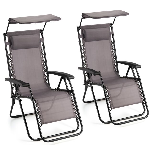 VonHaus Set of 2 Textilene Folding Garden Zero Gravity Sun Lounger Chairs with Canopy Grey One Size