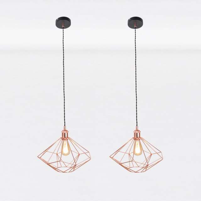 Set of 2 Copper Geometric Pendant Light Fittings Black Copper 2