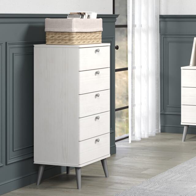 Augusta Curve 5 Drawer Narrow Chest - White Wax Solid Wood Bedroom Storage with Rounded Edges and Mid-Century Legs White White 1