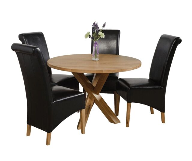 Oregon Round Oak Dining Table and 4 Montana Leather Chairs Black Black 1