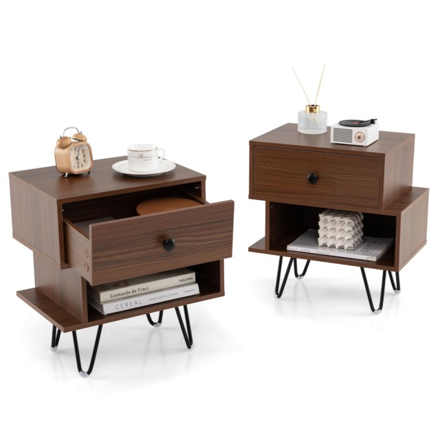 COSTWAY Nightstand Set of 2 End Tables with Drawer Walnut Brown