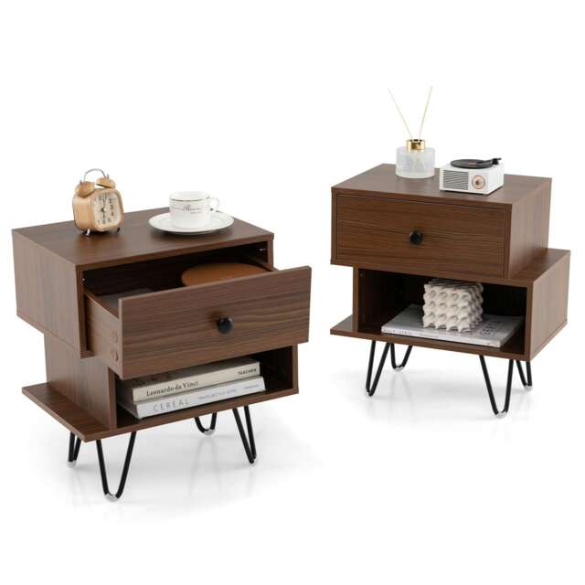 COSTWAY Nightstand Set of 2 End Tables with Drawer Walnut Brown