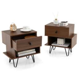 COSTWAY Nightstand Set of 2 End Tables with Drawer Walnut Brown