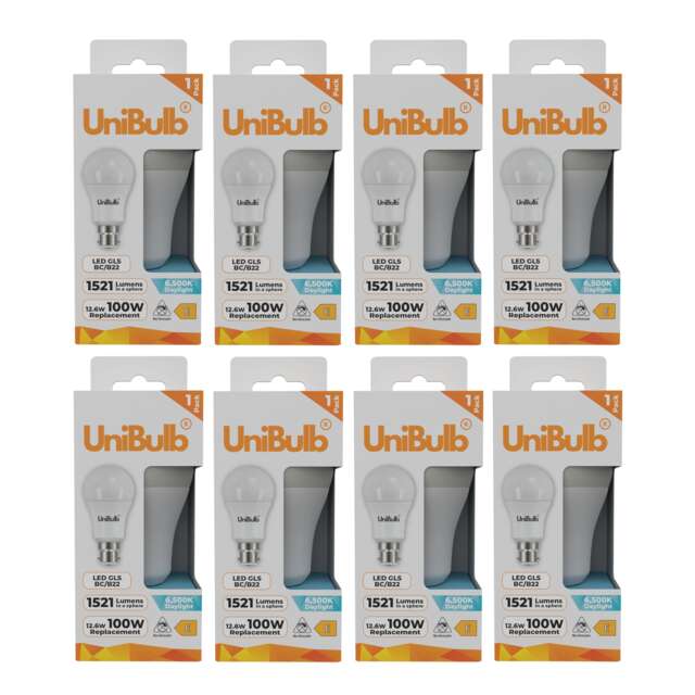 UniBulb LED GLS B22 Bayonet Cap (BC) 1521lm 12.6W (Replaces 100W) 6500K (Daylight) Light Bulb - Pack of 8