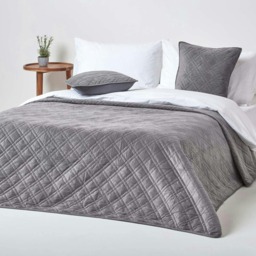 Homescapes Dark Grey Paragon Diamond Geometric Velvet Bedspread - 200 x 200 cm