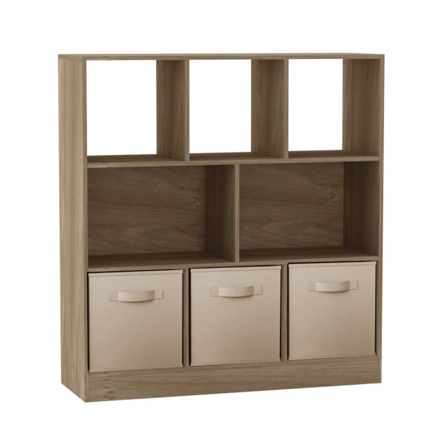 Asymmetrical 8 Oak Cube Bookcase Shelf Storage Unit with 3 Fabric Drawer Inserts Multi Oak & Beige Drawer 1