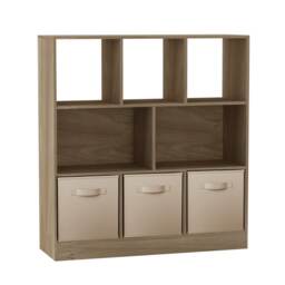 Asymmetrical 8 Oak Cube Bookcase Shelf Storage Unit with 3 Fabric Drawer Inserts Multi Oak & Beige Drawer 1
