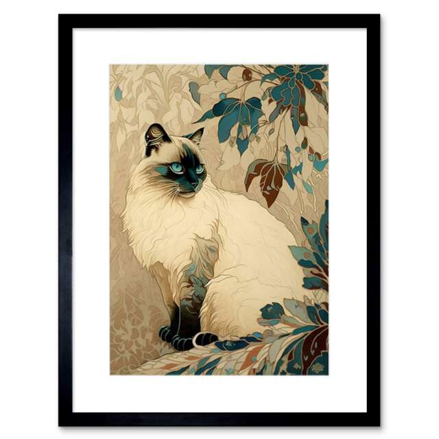 "Blue Point Ragdoll Cat Lover Gift Plant Art Nouveau 9x7"" Black Framed Wall Art Print"