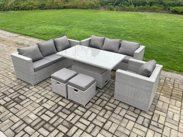 Fimous 9 Seater Outdoor PE Rattan Garden Funiture Set Height Adjustable Rising Lifting Table Sofa Dining Set with Armchair 2 Small Footstools