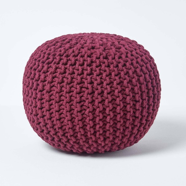 Homescapes Plum Round Cotton Knitted Pouffe Footstool - 35 x 40 cm