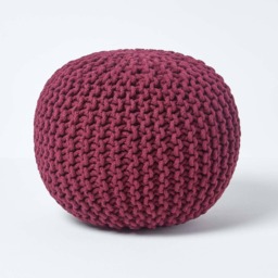 Homescapes Plum Round Cotton Knitted Pouffe Footstool - 35 x 40 cm