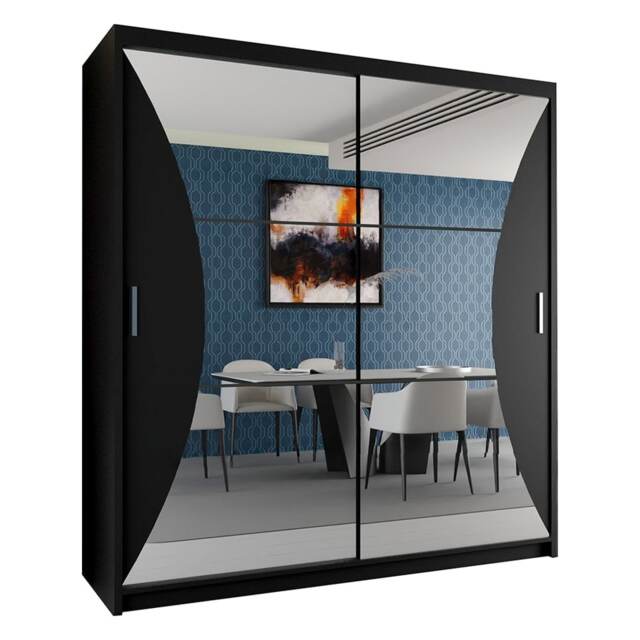 Sliding Wardrobes 4U Sleek Curved Mirror Sliding Wardrobe with Soft Silver Handles – 150cm & 203cm, White, Black, Grey Black 150cm