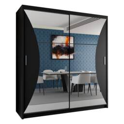 Modern Curved Mirror Sliding Door Wardrobe with Silver Handles - Black 150cm