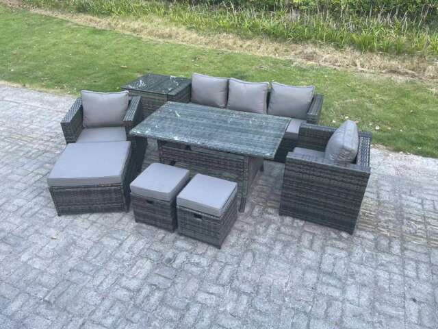 Fimous 8 Seater Outdoor Garden Furniture Set Patio Rattan Rectangular Dining Table Lounge Sofa Chair with Side Table Big Footstool 2 Small Stools Dark Grey Mixed
