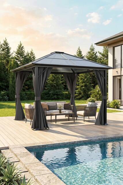 Living and 10 x 10FT Home Outdoor Gazebos Metal Frame Hardtop Patio Gazebo with Curtains
