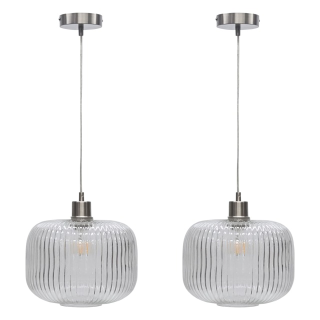 Set of 2 Batley Large - Clear Ribbed Glass with Satin Nickel Pendants Clear Clear ribbed glass with satin nickel plate detail Small 2