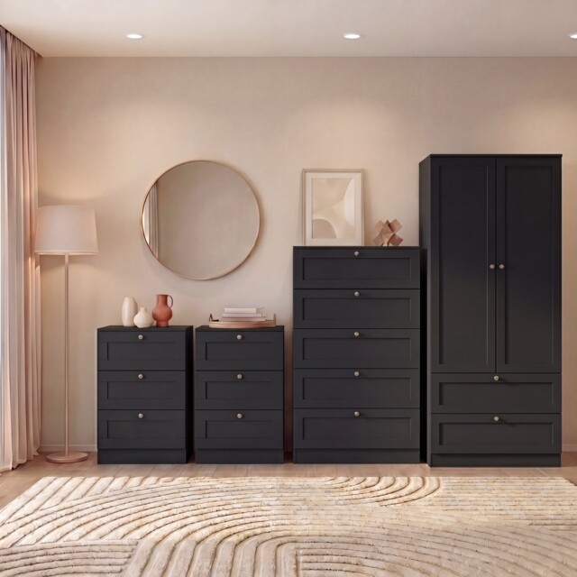 Vida Designs Altino 4 Piece Bedroom Set (2x 3 Drawer Bedside, 5 Drawer Chest, 2 Door 2 Drawer Wardrobe), Black