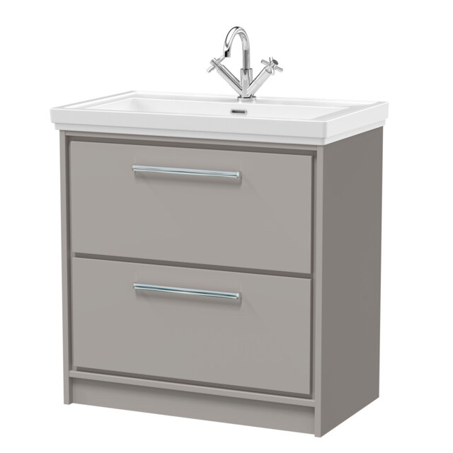Balterley Modern Bathroom Floor Standing 2-Drawer Vanity Unit with Fireclay Basin - 1 Tap Hole Grey Pebble Grey 1