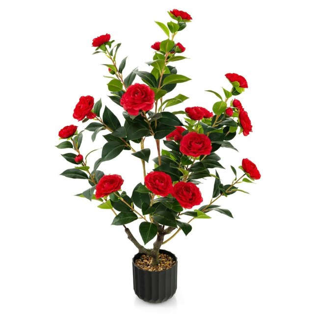 COSTWAY Artificial Camellia Tree Plant W/ 24 Red Flowers Red One Size