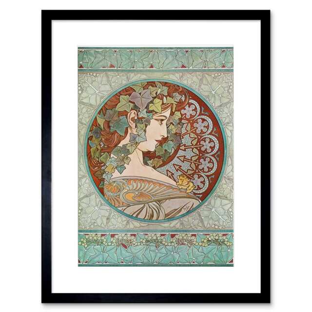 "Mucha Ivy and Laurel 1901 Art Nouveau Painting 9x7"" Black Framed Wall Art Print"