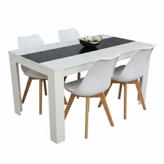 Dining Table and 4 Chairs White Black Wood 4 Plastic White Chairs Dining Room