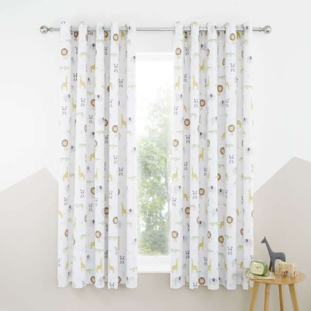 Catherine Lansfield Roarsome Animals Black Out Lined Eyelet Curtains Cream Natural