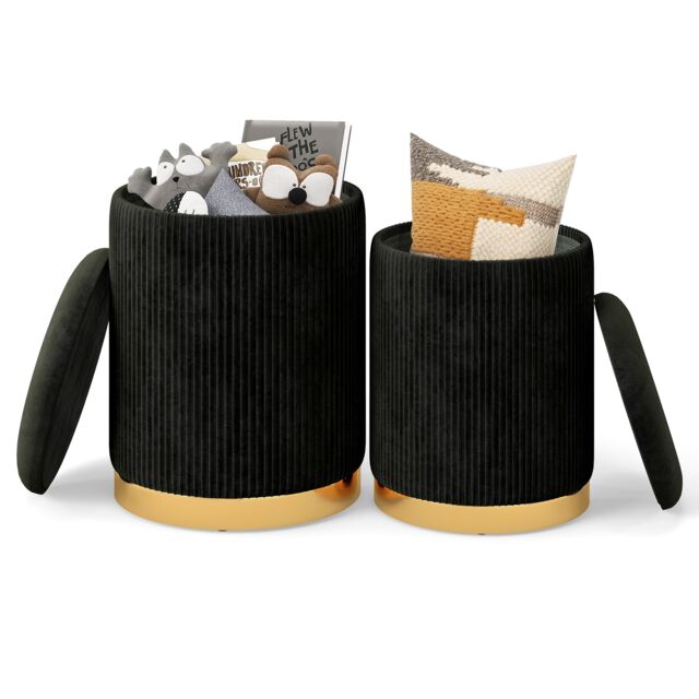 COSTWAY 2 Pcs Velvet Round Footstools Nesting Storage Ottoman Black