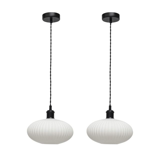 Set of 2 Baton - White Ribbed Oval Glass Black Retro Pendant Fittings