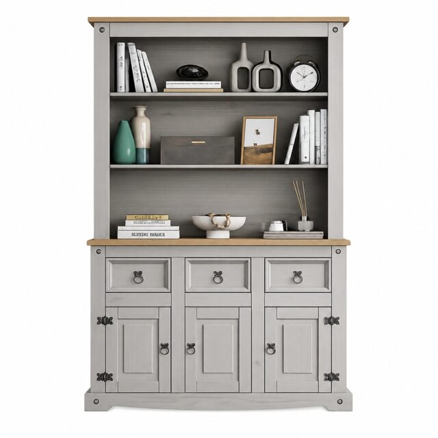 Corona Dresser 3 Door Sideboard Grey Solid Pine Wood Painted Wooden Display