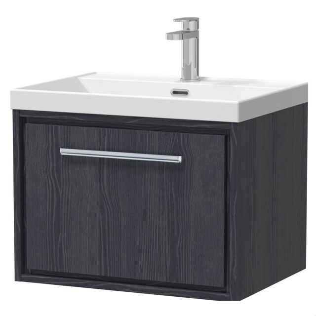 Balterley Longnor 1 Drawer Wall Hung Vanity Unit with 1 Tap Hole Thin Edge Basin, Woodgrain Graphite Grey, 600mm