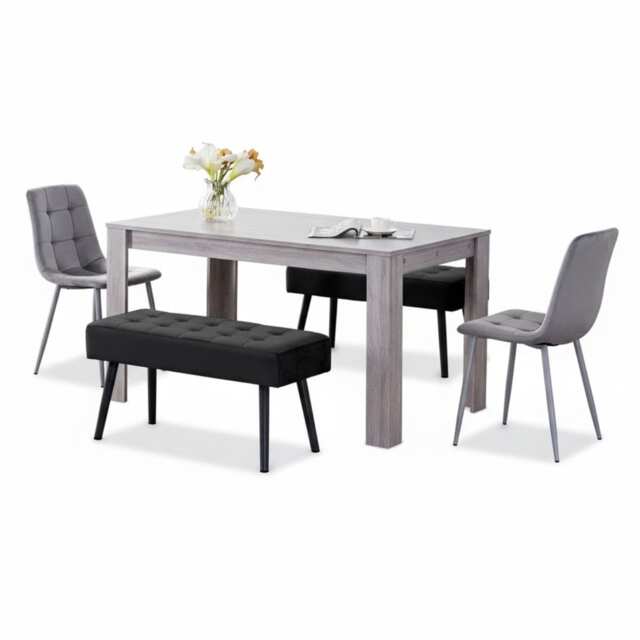 Dining Table and 2 Chairs With 2 Black Benches 2 Grey Velvet Chairs Wood Table Dining Set Furniture