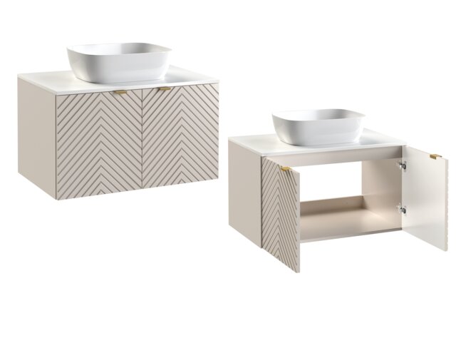 Bathroom Vanity Unit with Countertop Sink 800mm White Worktop and Tall Wall Cabinet Wall Hung Beige Ribbed Fluted Cara