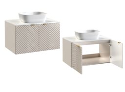 Bathroom Vanity Unit with Countertop Sink 800mm White Worktop and Tall Wall Cabinet Wall Hung Beige Ribbed Fluted Cara