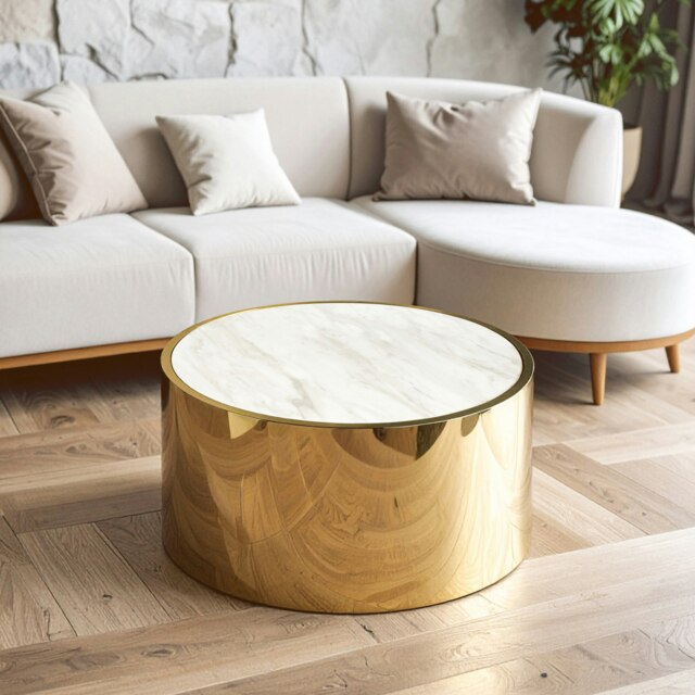 Interiors by Premier Luxury Round White Coffee Table, Marble Coffee Table, White & Gold Coffee table, Contemporary Cocktail table Gold