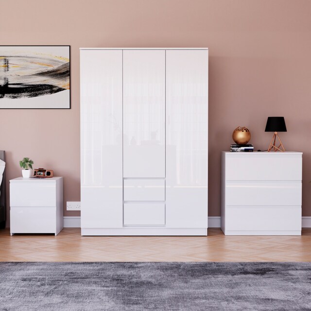 Vida Designs Glinton 3 Piece FSC Certified Bedroom Set (2 Drawer Bedside Chest, 3 Drawer Chest, 3 Door 2 Drawer Wardrobe), White White White