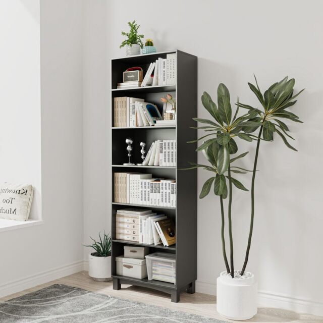 Wide Shelf Tier Wooden Bookcase Shelving Modern Open Display Storage Cabinet Black Black 6 Tier Wide 1