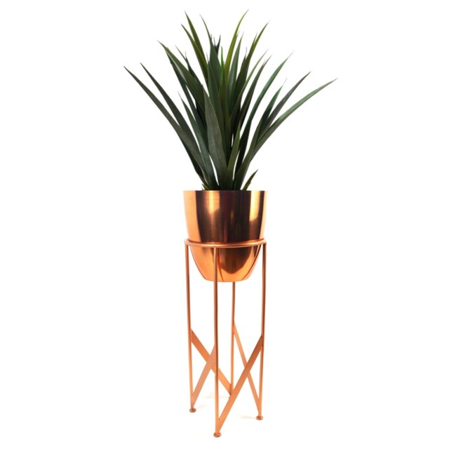 Artificial Yukka Plant Metal Planter Stand Copper 90cm Tall Realistic Premium Botanik Copper